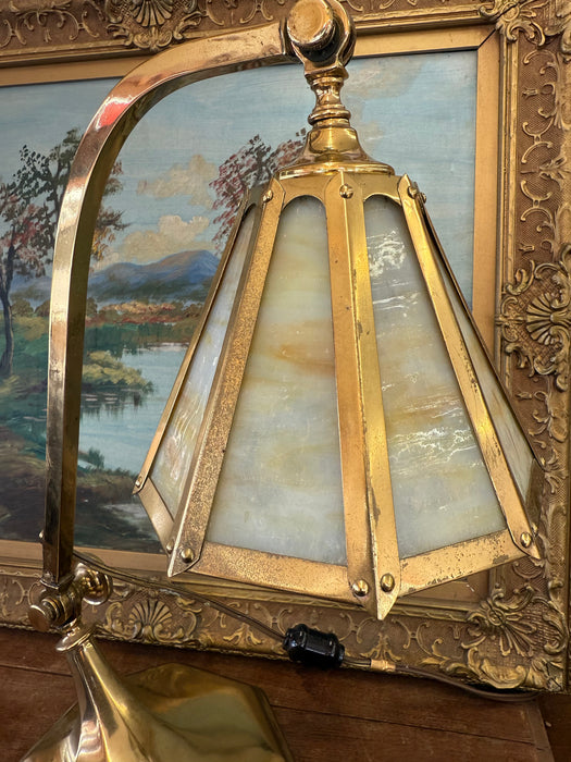 Antique Arts and Crafts Brass and Slag Stained Glass Lamp c.1910 by Salo Metal Arts Company