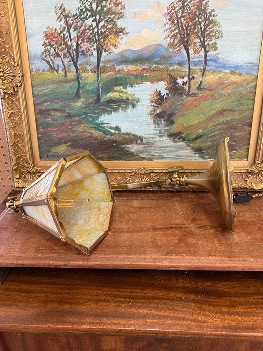 Antique Arts and Crafts Brass and Slag Stained Glass Lamp c.1910 by Salo Metal Arts Company