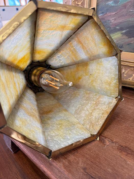 Antique Arts and Crafts Brass and Slag Stained Glass Lamp c.1910 by Salo Metal Arts Company
