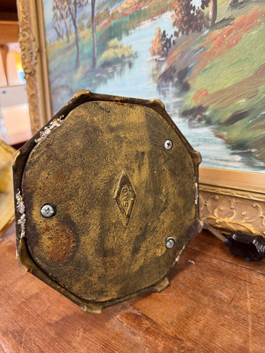 Antique Arts and Crafts Brass and Slag Stained Glass Lamp c.1910 by Salo Metal Arts Company