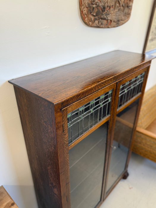 Antique Arts and Crafts Oak 5-Shelf Bookcase with Stained Glass Doors (Available by Online Purchase Only)