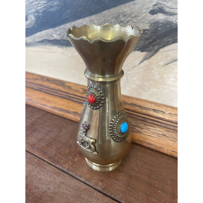 Antique Decorative Brass Bejeweled Vase Red and Blue Accents