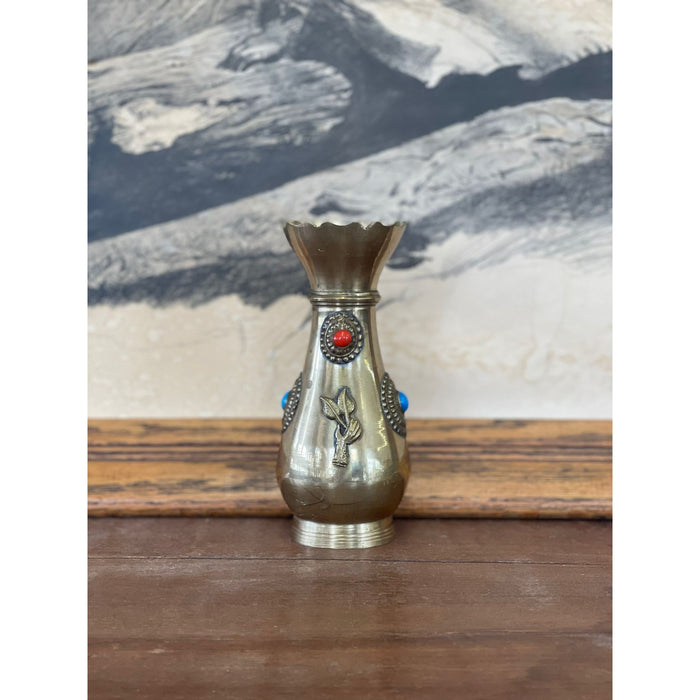 Antique Decorative Brass Bejeweled Vase Red and Blue Accents