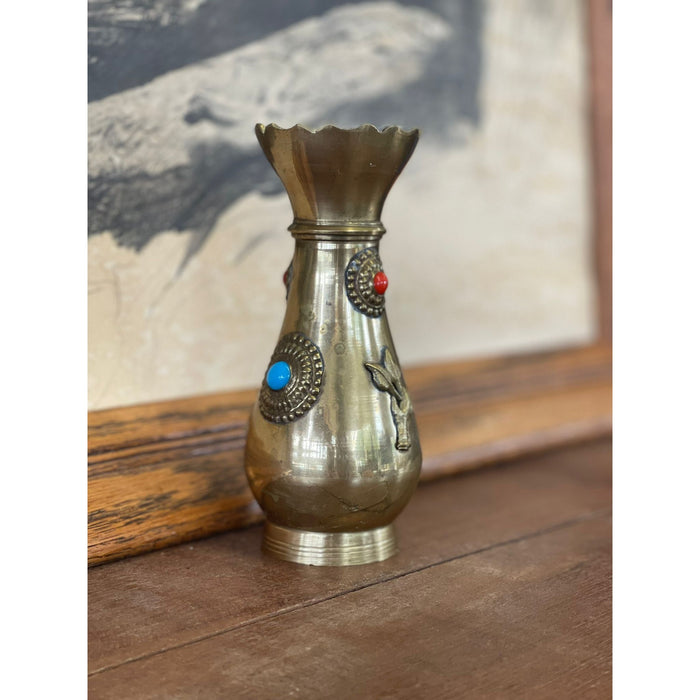 Antique Decorative Brass Bejeweled Vase Red and Blue Accents