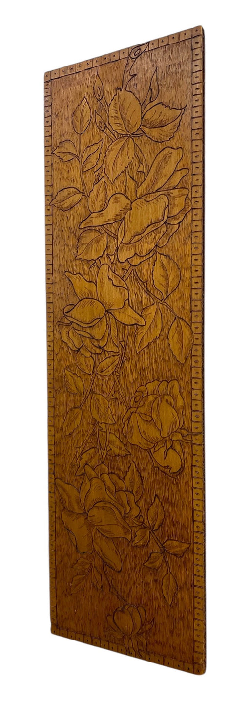 Antique Hand-Carved Floral Wooden Wall Panel with Rose Motif