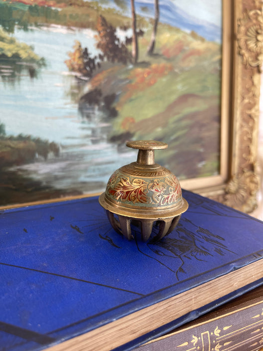 Antique Indian Brass Claw Foot Bell with Hand-Painted Floral Enamel, Early 20th Century