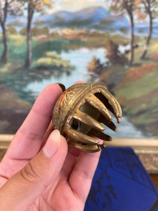 Antique Indian Brass Claw Foot Bell with Hand-Painted Floral Enamel, Early 20th Century
