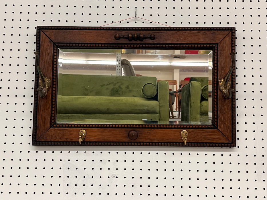 Antique Mission Arts & Crafts Quarter Sawn Figured Oak Wood Hall Mirror with Cast Metal Coat Hooks In Style of Stickley Brothers School