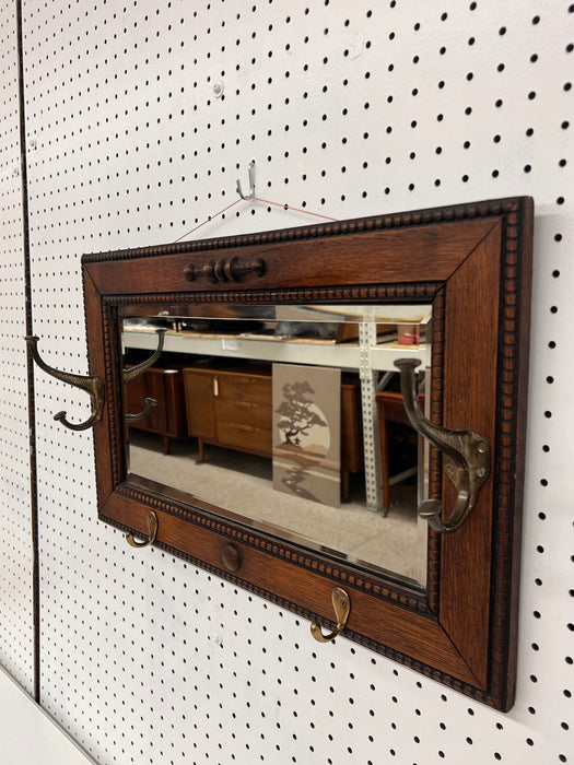 Antique Mission Arts & Crafts Quarter Sawn Figured Oak Wood Hall Mirror with Cast Metal Coat Hooks In Style of Stickley Brothers School