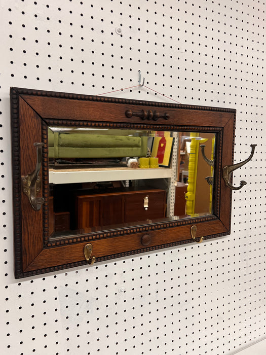 Antique Mission Arts & Crafts Quarter Sawn Figured Oak Wood Hall Mirror with Cast Metal Coat Hooks In Style of Stickley Brothers School