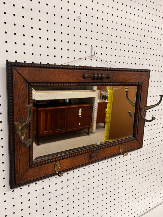 Antique Mission Arts & Crafts Quarter Sawn Figured Oak Wood Hall Mirror with Cast Metal Coat Hooks In Style of Stickley Brothers School