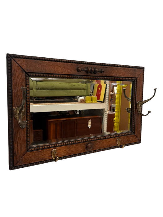 Antique Mission Arts & Crafts Quarter Sawn Figured Oak Wood Hall Mirror with Cast Metal Coat Hooks In Style of Stickley Brothers School