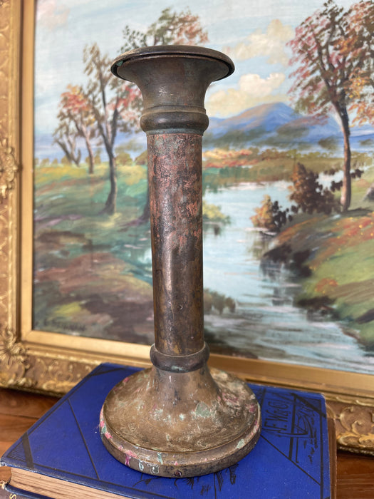 Antique Patinated Brass Toned Candlestick Holder with Wax Residue, Early 20th Century