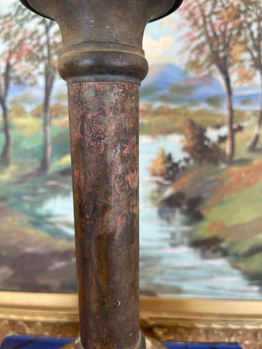 Antique Patinated Brass Toned Candlestick Holder with Wax Residue, Early 20th Century