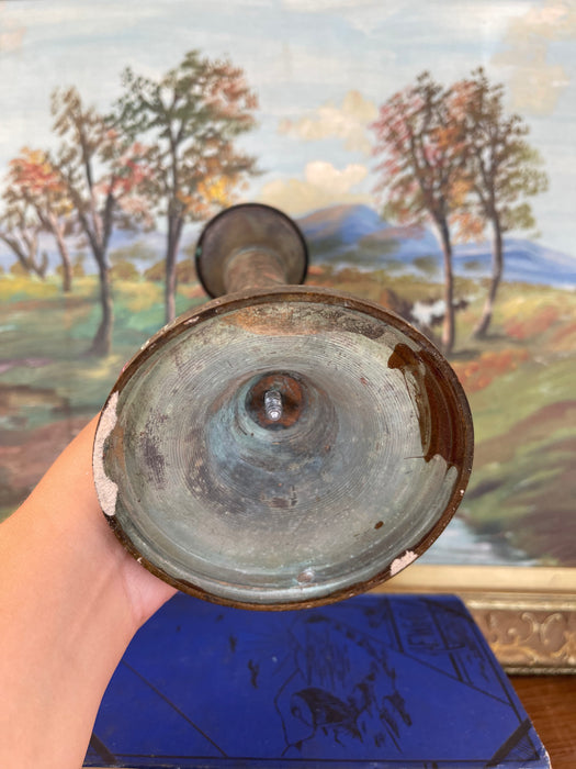 Antique Patinated Brass Toned Candlestick Holder with Wax Residue, Early 20th Century