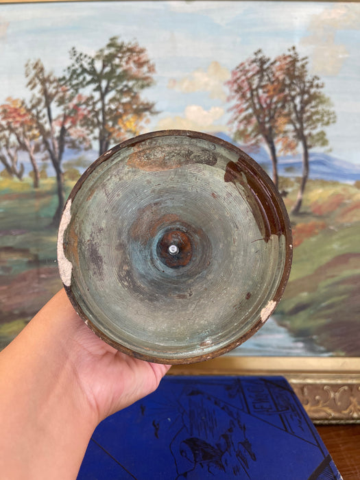 Antique Patinated Brass Toned Candlestick Holder with Wax Residue, Early 20th Century
