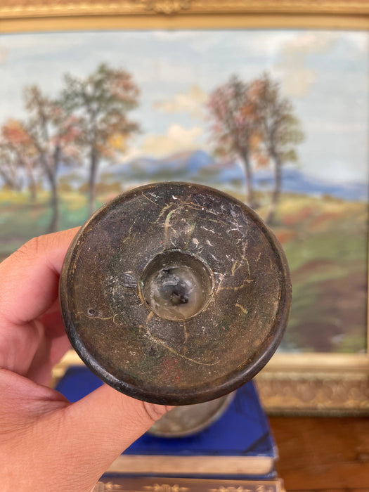 Antique Patinated Brass Toned Candlestick Holder with Wax Residue, Early 20th Century