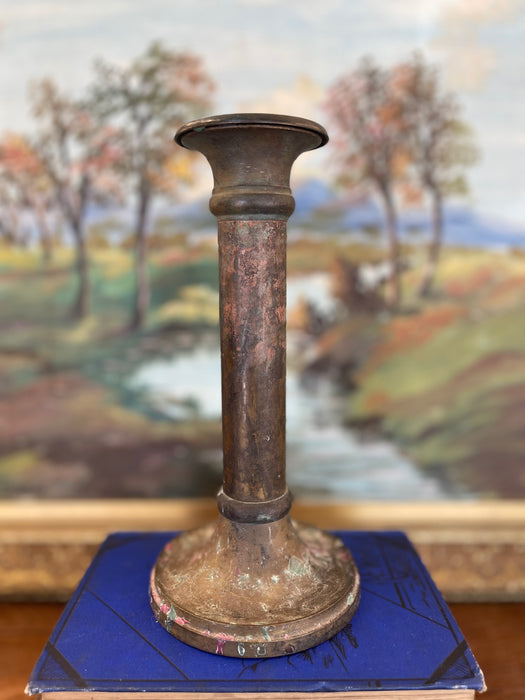 Antique Patinated Brass Toned Candlestick Holder with Wax Residue, Early 20th Century