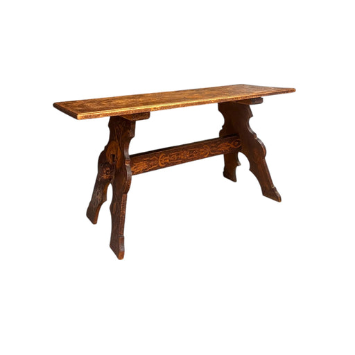 Antique Pyrography Trestle Wood Folk Art Decorative Bench or Accent Entryway Table UK Import