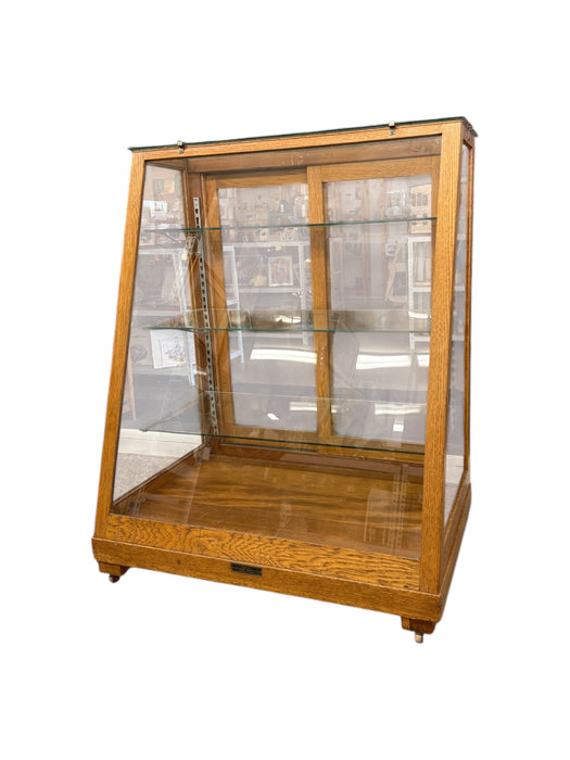 Antique Retail Oak Display Cabinet from Wells Butchers’ Supply Co. Seattle, Slanted Glass Showcase