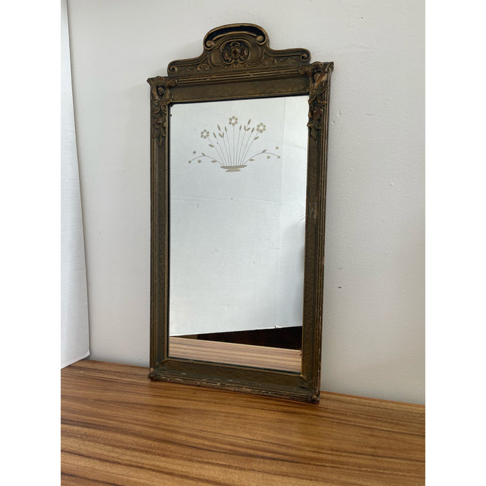Antique Sculpted Wood Frame Mirror With Floral Etching.