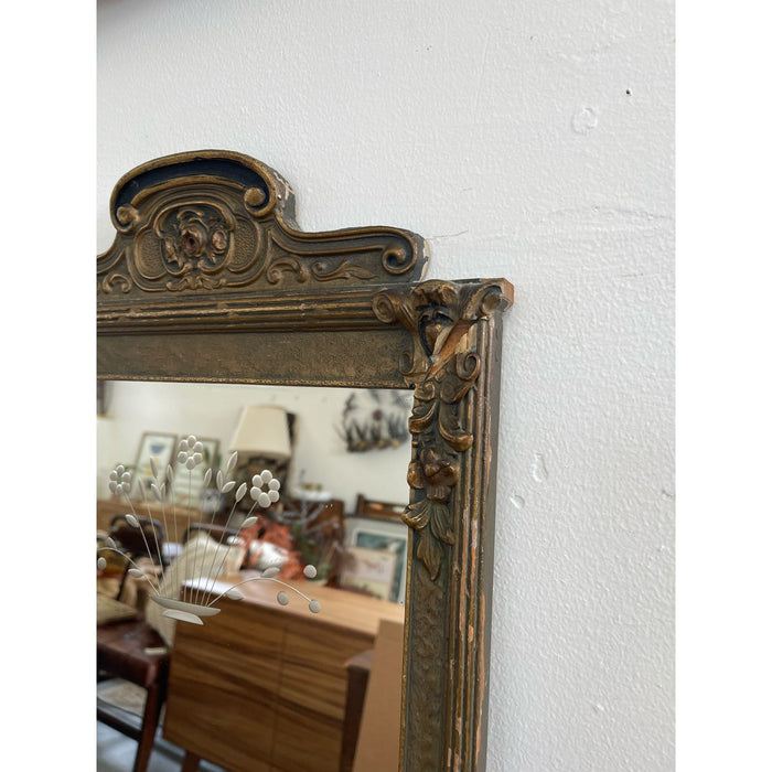 Antique Sculpted Wood Frame Mirror With Floral Etching.