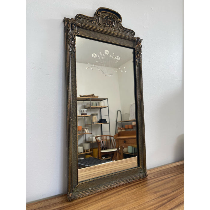 Antique Sculpted Wood Frame Mirror With Floral Etching.