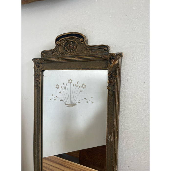Antique Sculpted Wood Frame Mirror With Floral Etching.