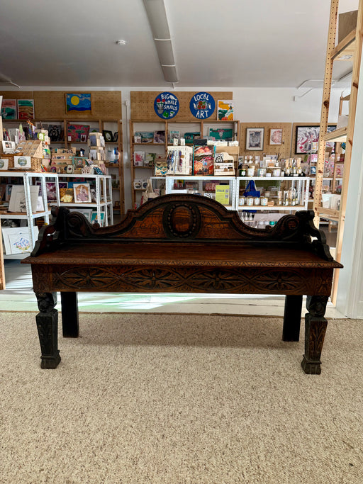 Antique Victorian Carved Oak Hall Bench Intricate Floral Design Entryway Furniture
