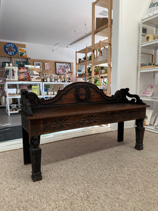 Antique Victorian Carved Oak Hall Bench Intricate Floral Design Entryway Furniture