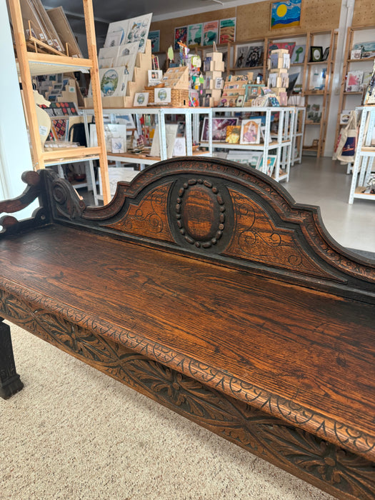 Antique Victorian Carved Oak Hall Bench Intricate Floral Design Entryway Furniture