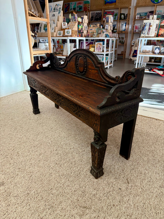 Antique Victorian Carved Oak Hall Bench Intricate Floral Design Entryway Furniture