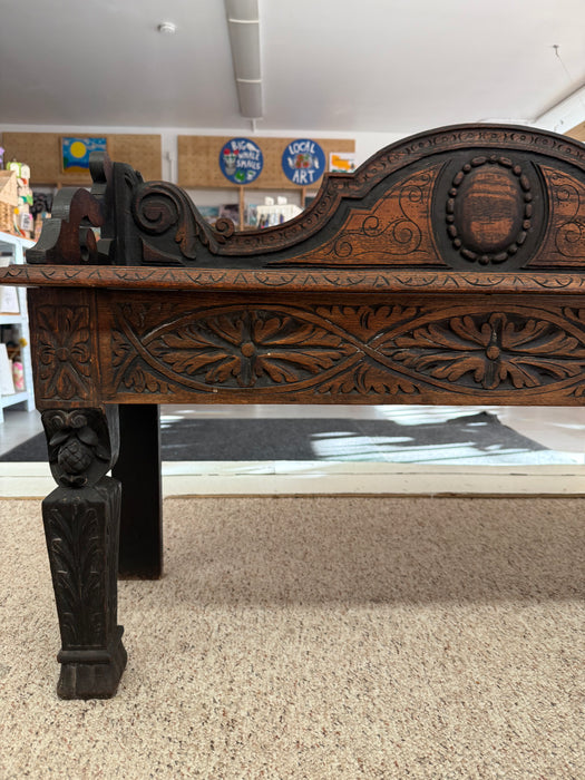 Antique Victorian Carved Oak Hall Bench Intricate Floral Design Entryway Furniture