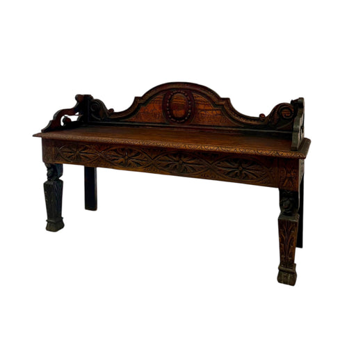 Antique Victorian Carved Oak Hall Bench Intricate Floral Design Entryway Furniture