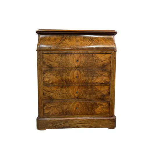 Antiques 19th Century Burlwood Dresser With Four Drawers and Bar Top and Patina Glass With Key