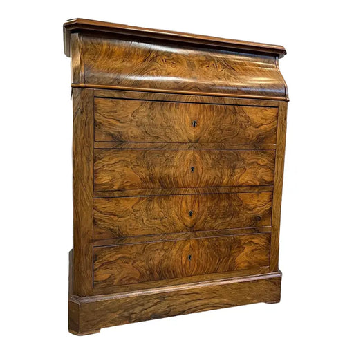 Antiques 19th Century Burlwood Dresser With Four Drawers and Bar Top and Patina Glass With Key