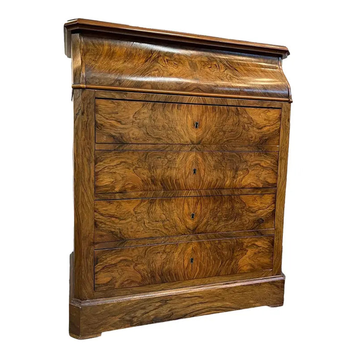 Antiques 19th Century Burlwood Dresser With Four Drawers and Bar Top and Patina Glass With Key