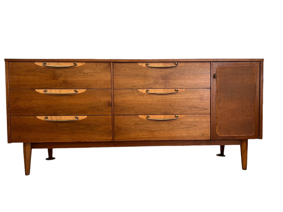 Vintage Mid Century Modern Solid Walnut Dresser with Six Drawers and aCabinet Brass Hardware by Lane Furniture Altavista Line