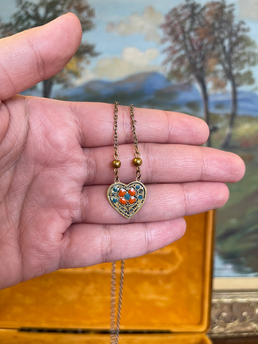 Vintage Heart-Shaped Choker with Enamel Floral Motif on Mixed-Metal Chain