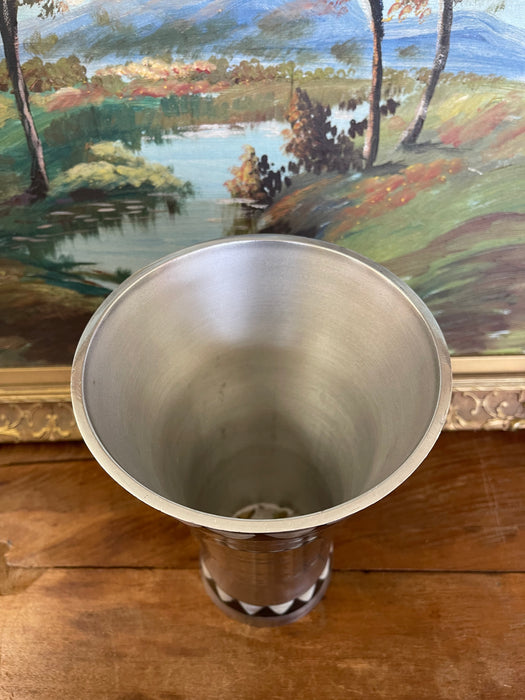 Vintage Towle Silversmiths Modernist Metal Vase with Black and Mother-of-Pearl Geometric Inlay
