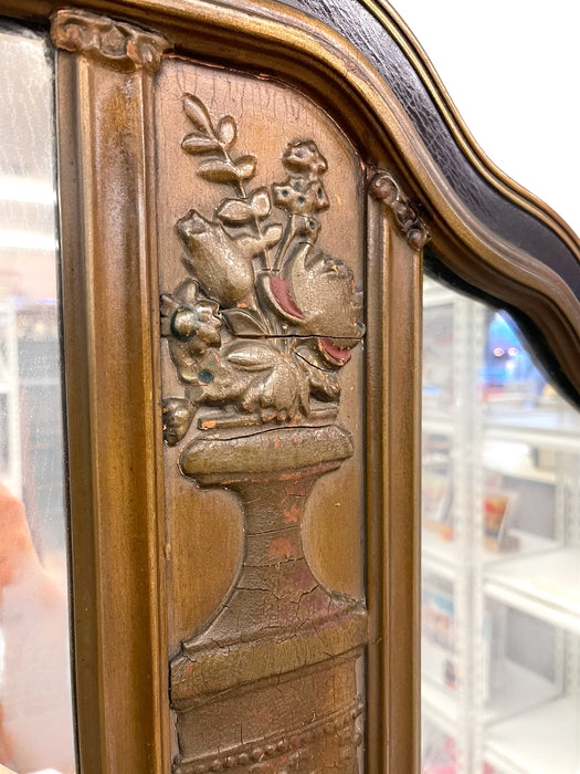 Antique Carved Wood Overmantel Mirror with Floral Urn Motifs and Scrolled Crest.