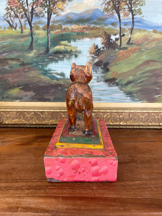 Likely Antique Hand-Carved Wooden Cow Figurine on Painted Base - Folk Art Sculpture