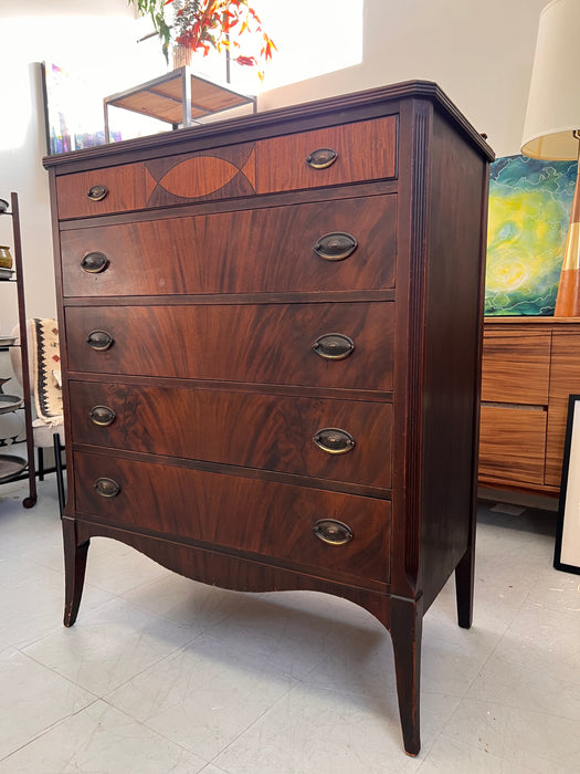 Antique American 5 Drawer Dresser or Chest with Flame Mahogany Wooden Drawer Fronts French Legs Inlaid Contrasting Veneers and Dovetailed Drawers