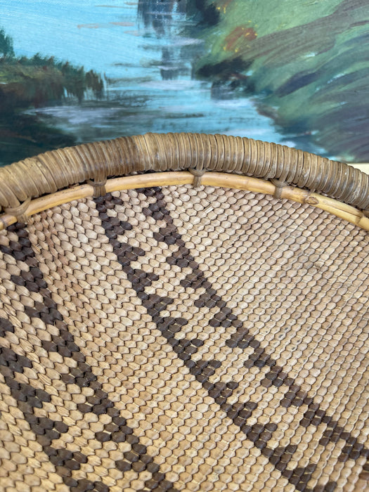 Vintage Likely Early 20th Century Native American Mission Basketry Bowl with Stepped Geometric Pattern.