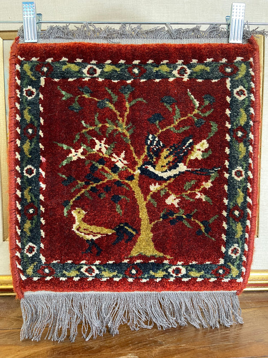 Vintage Handwoven Small Rug with Birds and Tree Motif, Folk Art Accent Mat.