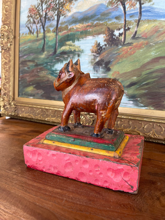 Likely Antique Hand-Carved Wooden Cow Figurine on Painted Base - Folk Art Sculpture