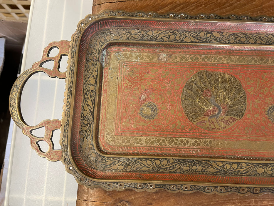 Vintage Hand-Etched Peacock Serving Tray - Made in India