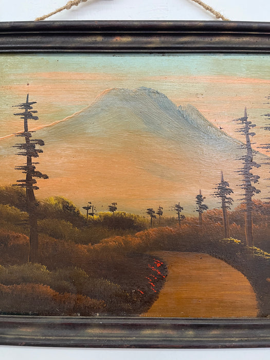 Vintage Framed Landscape Painting of Mountain Path at Sunset, Signed, Folk Art Style