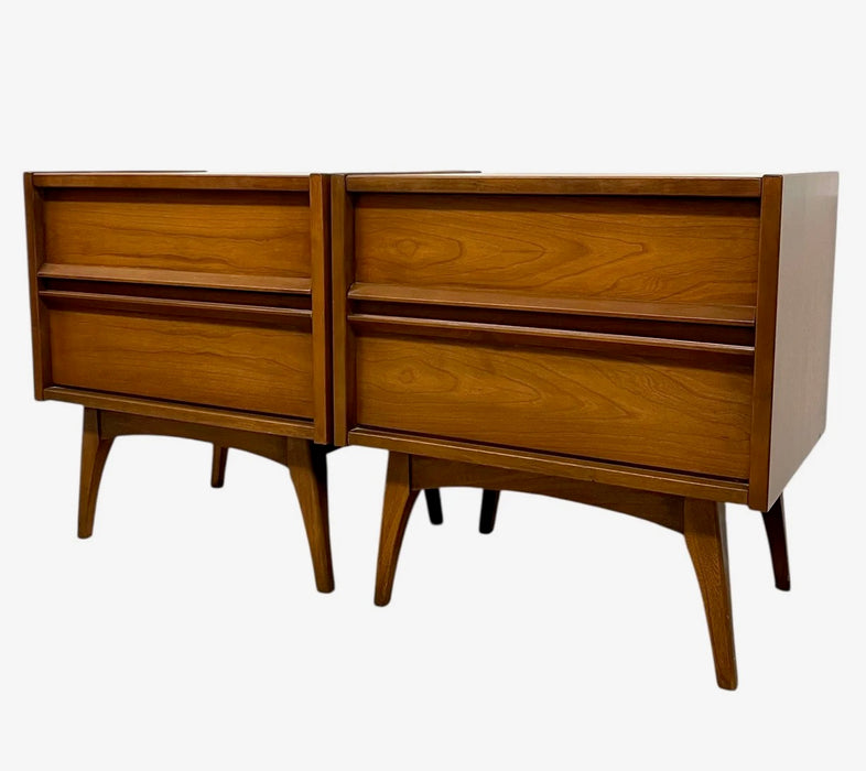 Vintage Mid-Century Modern 4-Piece Bedroom Set - 9-Drawer Lowboy Dresser, Tall Highboy Dresser & Pair of Nightstands with Sculpted Pulls and Dovetail Drawers