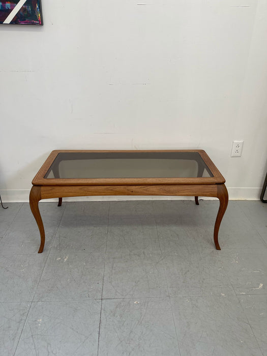 Vintage Wooden Coffee Table With Curved Legs and Smoked Glass Top.